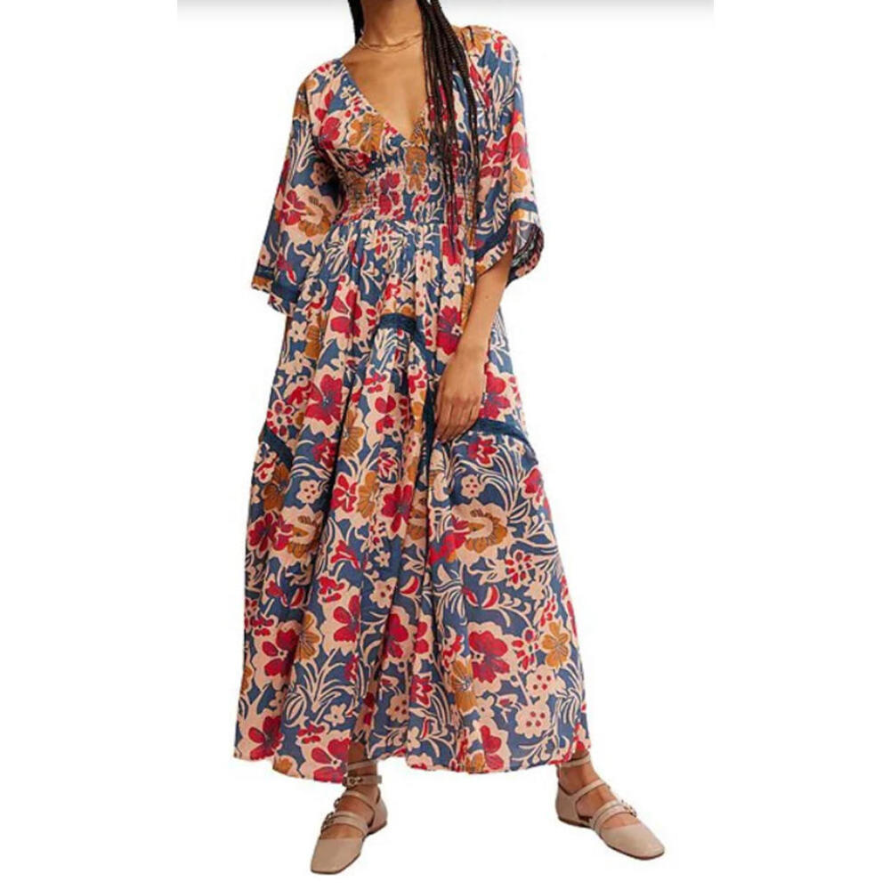 NEW Free People Printed Dixie V Neck 3/4 Sleeve Maxi Dress SZ M #3004